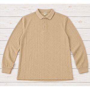 Hardaddy Men's Beige Textured Knit Long Sleeve Polo Retro Casual Shirt XL 1151